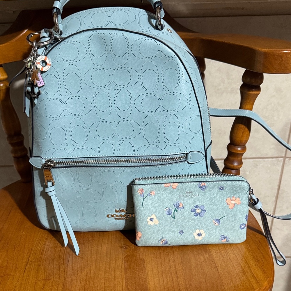 Coach Sky Blue Backpack and Floral Wallet